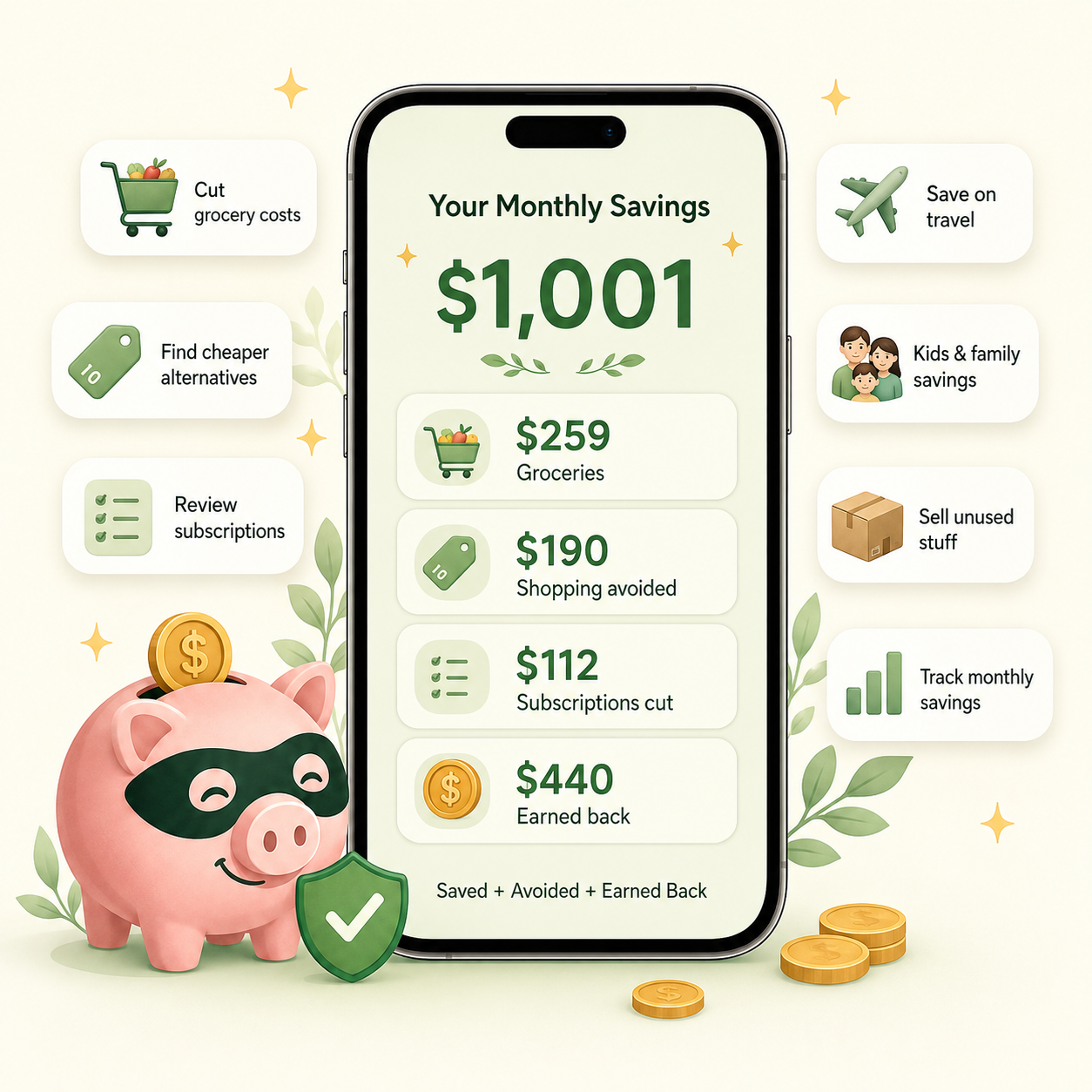 Incognito Money Saver AI mascot — a piggy bank wearing a mask, with a coin and a shield.